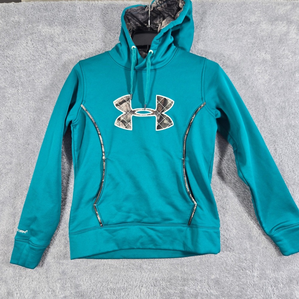 Under Armour Storm Hoodie Womens Small Teal Blue Camo Logo Fleece Pullover